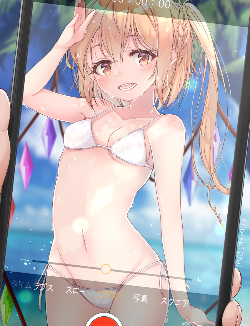 1girl absurdres arm_up artist_name bangs bare_arms bare_shoulders bikini blonde_hair blue_sky blurry blurry_background blush braid breasts brown_eyes cellphone clouds collarbone commentary_request cowboy_shot crystal day eyebrows_visible_through_hair flandre_scarlet groin hair_between_eyes haruki_(colorful_macaron) highres holding holding_phone light_particles long_hair looking_at_viewer navel no_hat no_headwear one_side_up open_mouth outdoors phone phone_screen sky small_breasts smartphone solo standing stomach string_bikini swimsuit thighs touhou translation_request twitter_username white_bikini wings