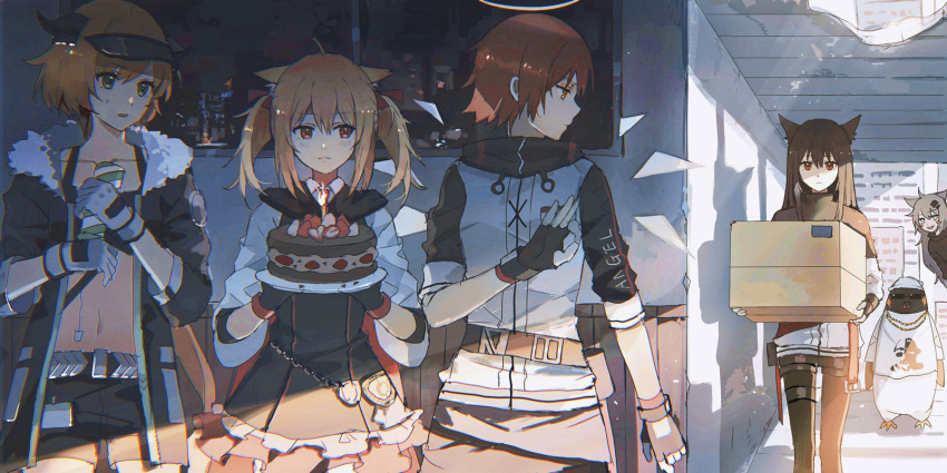 4girls animal animal_ears arknights bandana belt bird birthday black_gloves black_hair black_jacket black_shirt blonde_hair box cake cardboard_box commentary croissant_(arknights) crop_top emperor_penguin exusiai_(arknights) fingerless_gloves food fur_trim gloves green_eyes grey_hair hallway halo highres holding horns jacket lappland_(arknights) lococo:p low_ponytail midriff miniskirt multiple_girls navel open_clothes open_jacket orange_eyes orange_hair penguin red_eyes redhead shirt short_hair skirt sora_(arknights) texas_(arknights) the_emperor_(arknights) tray twintails visor_cap walking white_gloves white_jacket wolf_ears