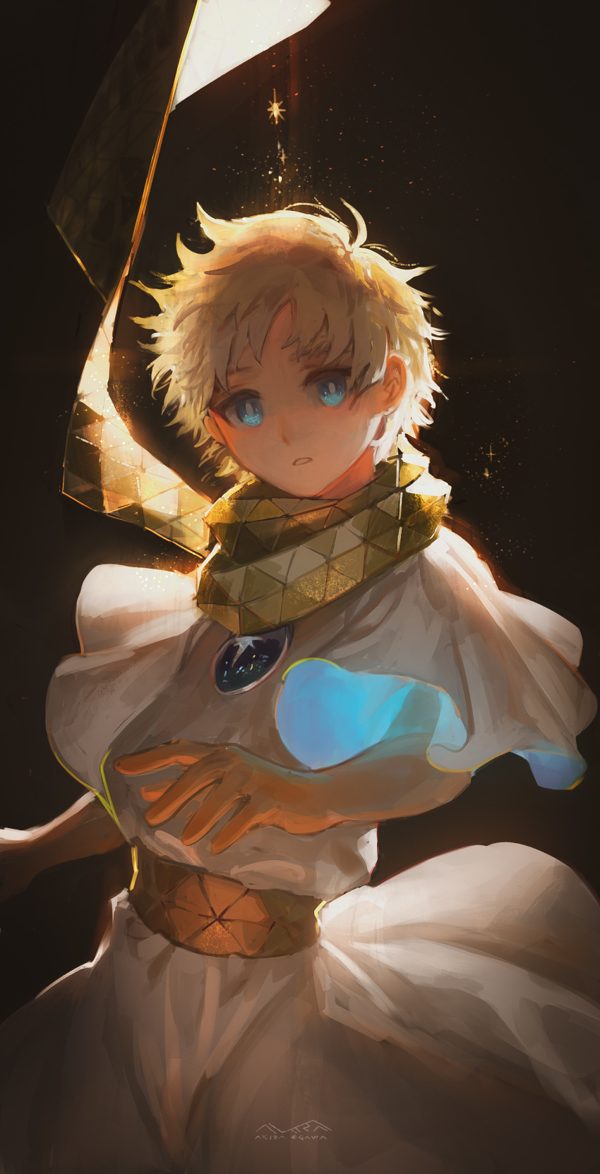 1boy absurdres baggy_clothes bangs blonde_hair blue_eyes bright_pupils egawa_akira eyebrows_visible_through_hair fate/grand_order fate_(series) glowing glowing_eyes highres light light_rays male_focus parted_bangs robe scarf short_sleeves simple_background sky solo space star star_(sky) starry_background starry_sky upper_body voyager_(fate/requiem) yellow_scarf