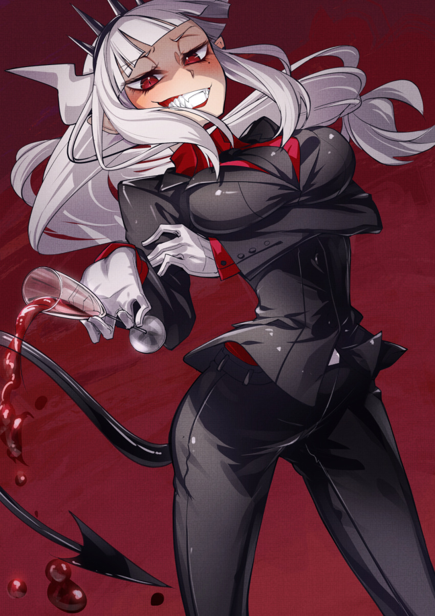 1girl alcohol bangs black_neckwear black_suit blunt_bangs blush breasts cluseller crown cup demon_girl demon_horns demon_tail drinking_glass fangs formal gloves grin helltaker highres horns large_breasts long_hair long_sleeves looking_at_viewer lucifer_(helltaker) mole mole_under_eye necktie parted_lips pointy_ears red_eyes red_shirt shirt smile solo spilling suit tail teeth tsurime upper_body white_gloves white_hair wine wine_glass