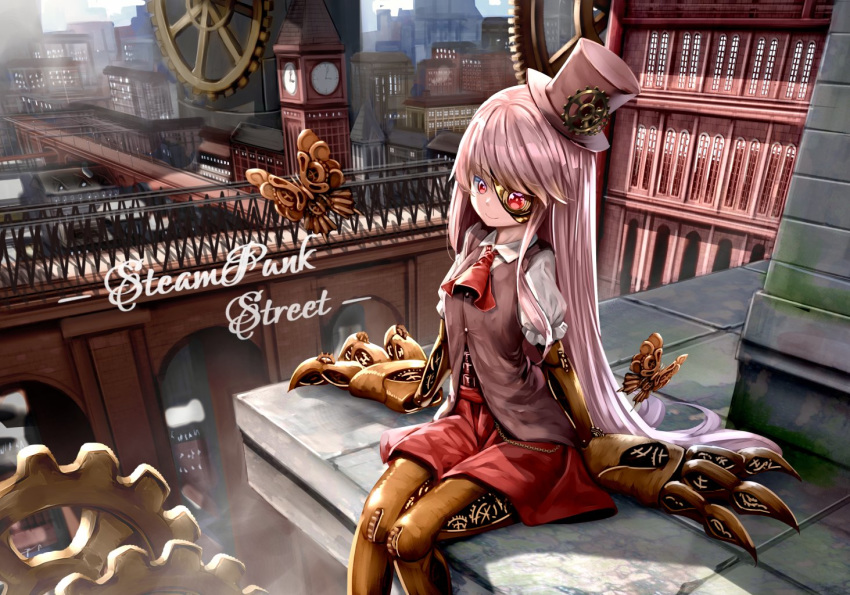 1girl arch_bridge artificial_eye bug building butterfly clock clock_tower copyright_name cowboy_shot cravat day gears hat insect long_hair mecha_musume mechanical_butterfly mechanical_eye mechanical_hands mechanical_legs outdoors red_eyes red_skirt ryosios silver_hair sitting skirt smile smog solo steam_punk_street_(game) steampunk steampunk_girl_(ryosios) top_hat tower very_long_hair