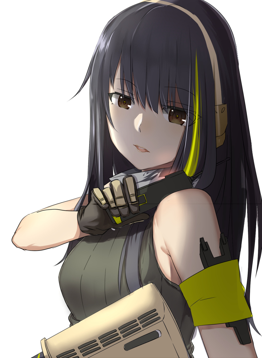 1girl armband assault_rifle bare_shoulders black_gloves black_hair commentary_request ear_protection from_side girls_frontline gloves green_armband green_eyes gun highres holding holding_gun holding_weapon long_hair lulu_heika m4_carbine m4a1_(girls'_frontline) multicolored_hair open_mouth ribbed_shirt rifle shirt simple_background sleeveless solo streaked_hair upper_body weapon white_background