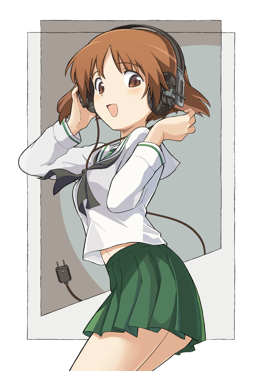 1girl :d absurdres bangs black_neckwear blouse brown_eyes brown_hair commentary cowboy_shot ennui_orz eyebrows_visible_through_hair from_side girls_und_panzer green_skirt hand_on_headphones headphones highres leaning_forward long_sleeves looking_at_viewer looking_back miniskirt neckerchief nishizumi_miho ooarai_school_uniform open_mouth outside_border pleated_skirt school_uniform serafuku short_hair skirt smile solo standing white_blouse