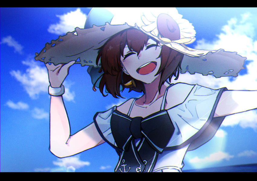 1girl absurdres alternate_costume blue_sky brown_hair clouds commentary_request dress flower hat headset highres kan6e_ver kantai_collection open_mouth round_teeth short_hair sky smile solo speaking_tube_headset straw_hat sun_hat sundress sunflower teeth upper_body upper_teeth white_dress yukikaze_(kantai_collection)