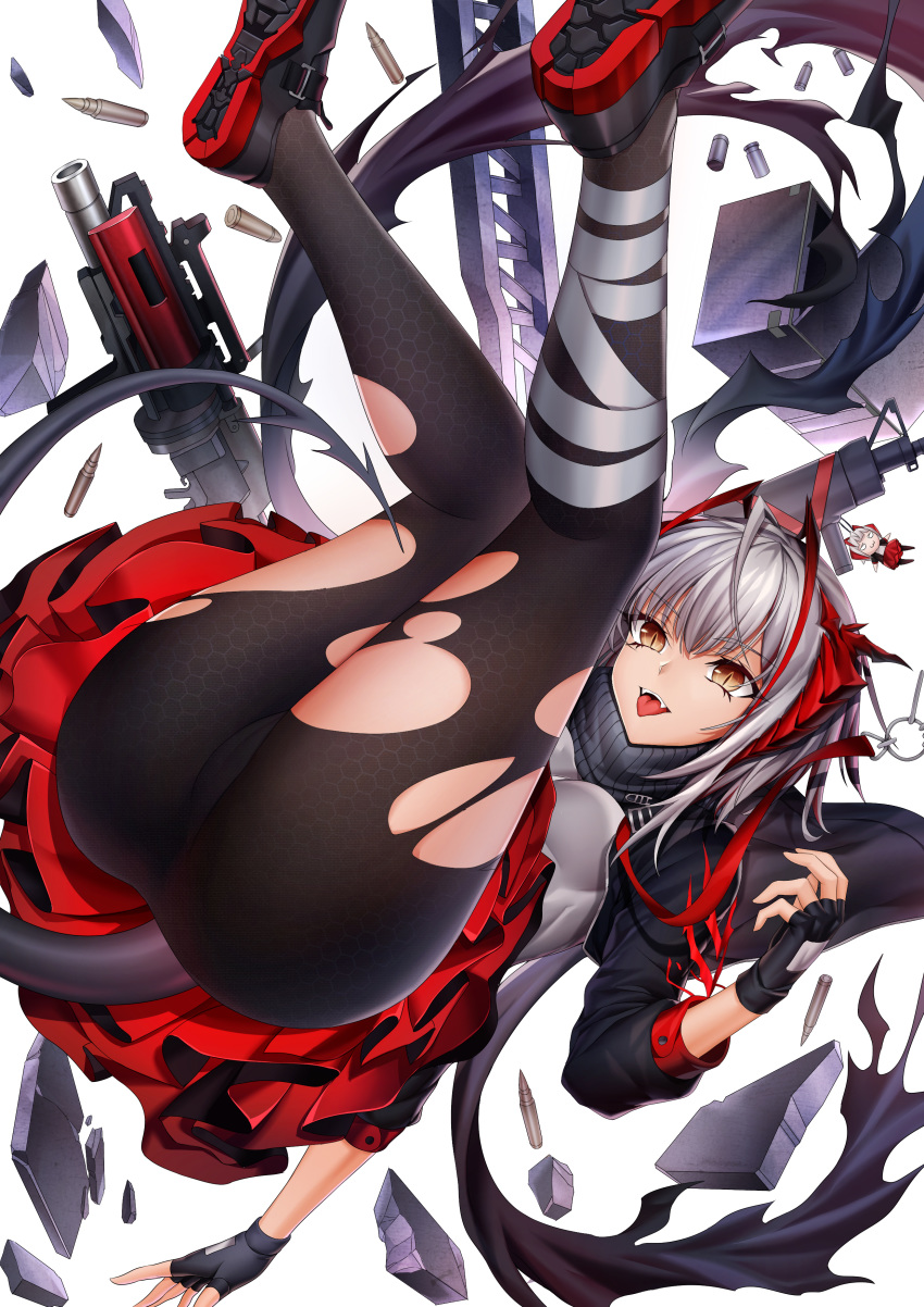 1girl absurdres antenna_hair arknights ass bandaged_leg bandages black_footwear black_gloves black_jacket black_legwear breasts cropped_jacket fangs fingerless_gloves gloves grenade_launcher grey_shirt gun highres honeycomb_(pattern) jacket legs_up long_sleeves medium_breasts miniskirt open_clothes open_jacket open_mouth pantyhose scarf shell_casing shirt shoes short_hair silver_hair skirt smile solo tongue tongue_out torn_clothes torn_legwear w_(arknights) weapon white_background xo_(xo17800108)