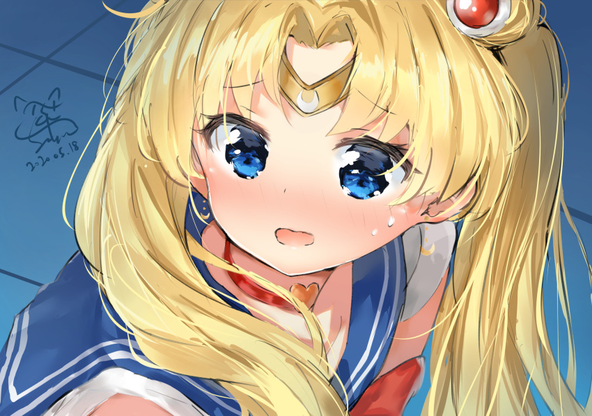 1girl backbonecat bangs bishoujo_senshi_sailor_moon blonde_hair blue_eyes blue_sailor_collar choker circlet cosplay crescent crescent_earrings dated derivative_work diadem earrings hair_over_shoulder heart heart_choker highres jewelry meme parted_bangs red_choker sailor_collar sailor_moon sailor_moon_(cosplay) sailor_moon_redraw_challenge sailor_senshi_uniform screencap_redraw signature solo tsukino_usagi upper_body