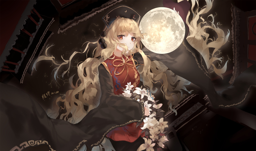 1girl architecture arm_up artist_name black_dress black_headwear blonde_hair commentary_request constellation cowboy_shot dated dress east_asian_architecture expressionless eyebrows_visible_through_hair floating_hair flower full_moon hat highres holding holding_flower junko_(touhou) lily_(flower) ling_mou long_hair long_sleeves looking_at_viewer moon night night_sky pom_pom_(clothes) red_eyes sky sleeves_past_wrists solo standing surreal symbol_commentary tabard touhou very_long_hair when_you_see_it
