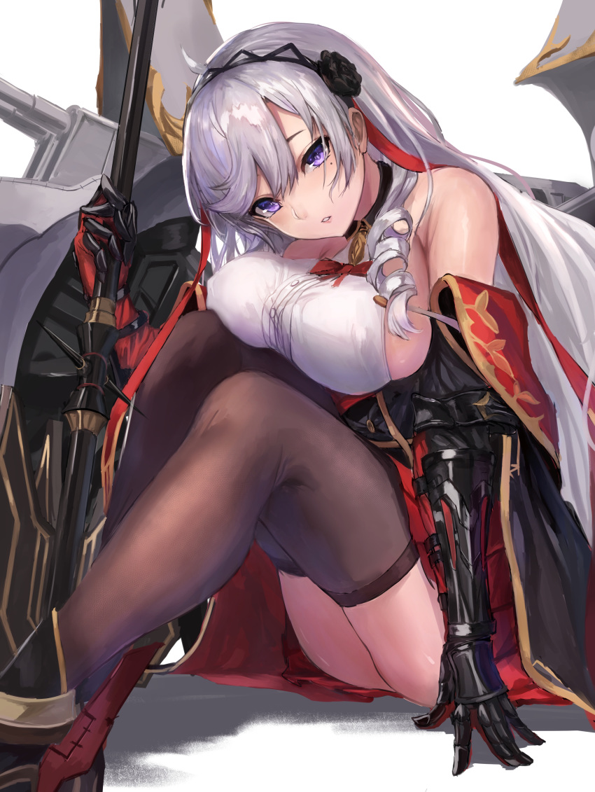 1girl absurdres ahoge algerie_(azur_lane) arm_support ass azur_lane bangs bare_shoulders black_flower black_hairband black_legwear black_rose blush breast_rest breasts collared_shirt commentary covered_nipples drill_locks eyebrows_behind_hair flower hair_between_eyes hair_flower hair_ornament hair_ribbon hairband highres holding holding_polearm holding_weapon knees_up large_breasts long_hair looking_at_viewer manichi metal_gloves mole mole_under_eye neck_ribbon off-shoulder_coat parted_lips pleated_skirt polearm red_ribbon red_skirt ribbon rigging rose shadow shirt sideboob sidelocks silver_hair simple_background sitting skindentation skirt sleeveless sleeveless_shirt solo thigh-highs thighs turret two-tone_coat violet_eyes weapon white_background white_shirt