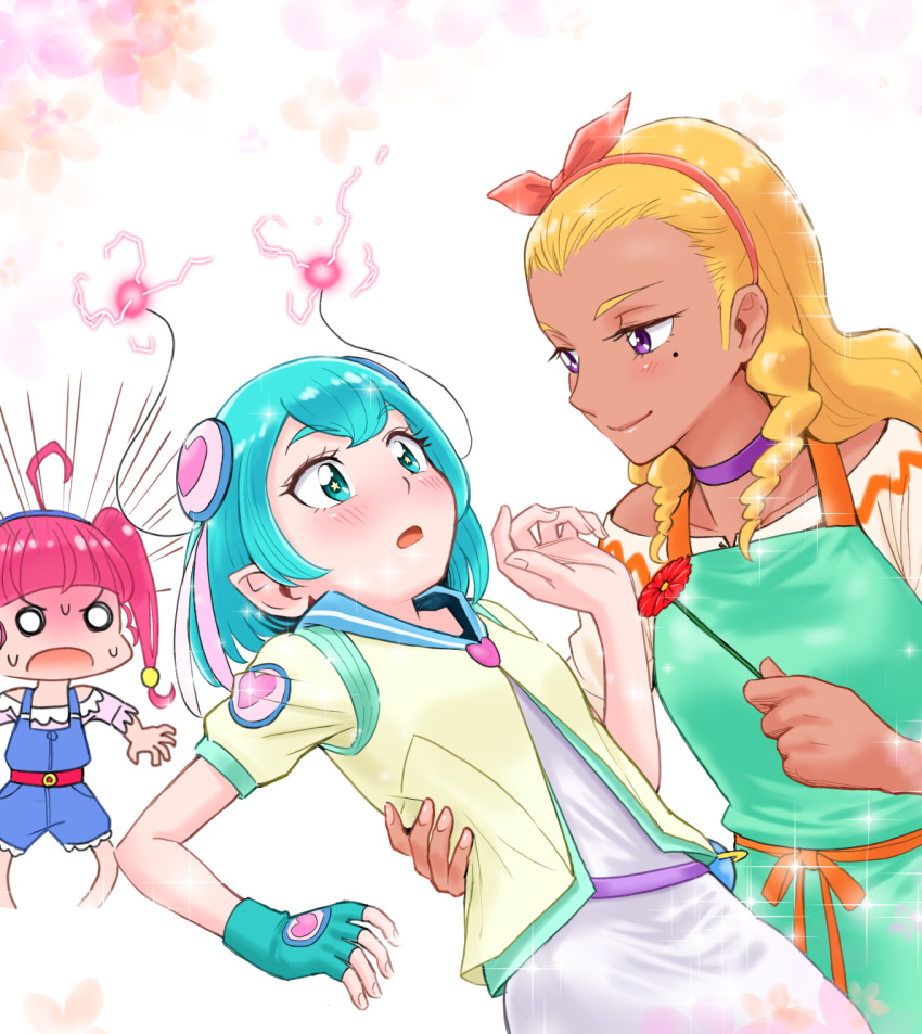 3girls ahoge amamiya_erena apron aqua_gloves blonde_hair blue_eyes blue_hair blue_hairband blush bow choker closed_mouth collarbone dark_skin dress eye_contact fingerless_gloves flower gloves green_apron hagoromo_lala hair_bow hairband highres holding holding_flower hoshina_hikaru itou_shin'ichi long_hair looking_at_another medium_hair mole mole_under_eye multiple_girls open_mouth pink_hair pointy_ears precure red_bow red_flower red_hairband shiny shiny_hair short_sleeves smile sparkle star_twinkle_precure twintails violet_eyes white_background white_dress yuri