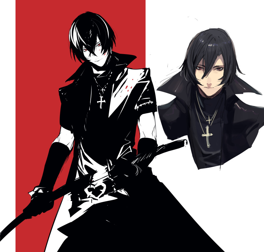 1boy absurdres black_coat black_hair blood blood_on_face bloody_clothes closed_mouth coat cross cross_necklace hair_between_eyes highres holding holding_sword holding_weapon jewelry male_focus mayutsuba_mono necklace original red_eyes scabbard sheath sketch smile solo sword turtleneck two-tone_background unsheathing weapon