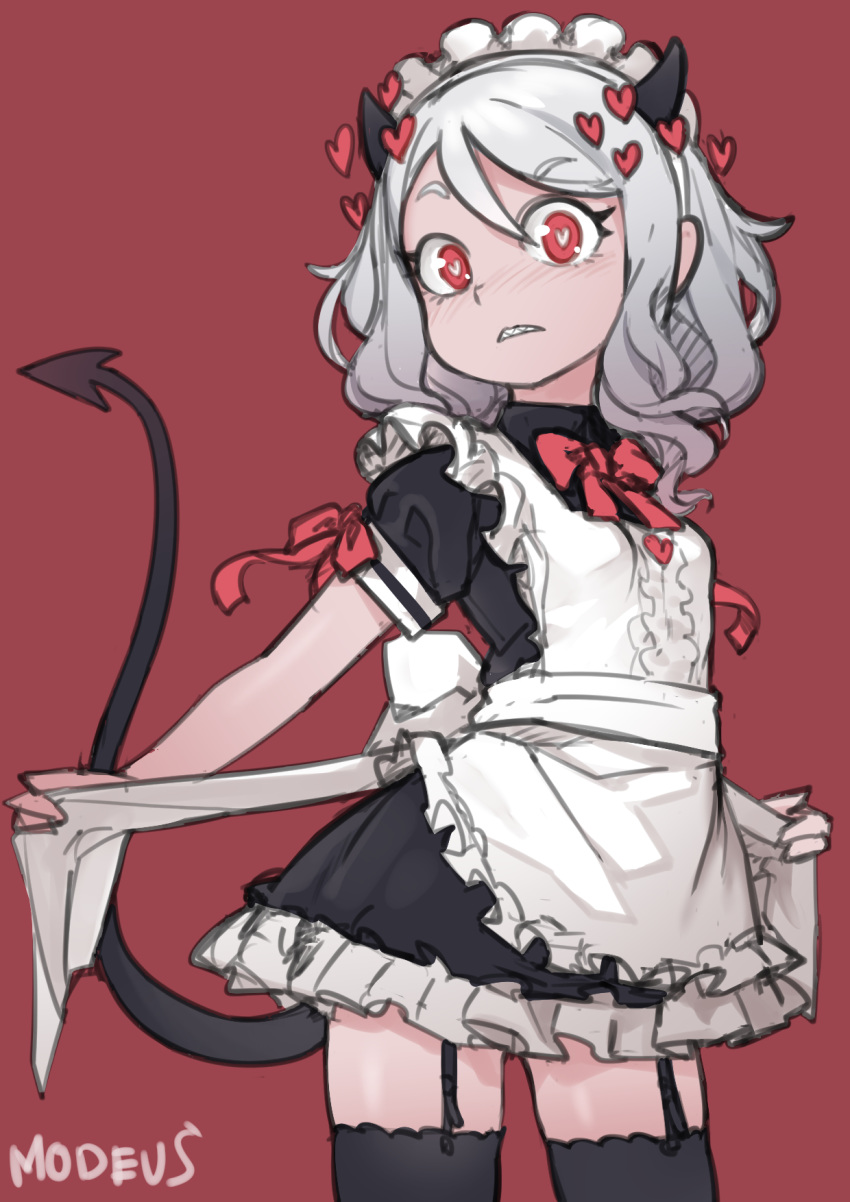 1girl aoi_tsunami apron bangs black_garter_straps black_horns blush bow demon_girl demon_horns demon_tail dress eyebrows_visible_through_hair frilled_apron frilled_dress frills garter_straps hair_between_eyes heart heart-shaped_pupils helltaker highres horns looking_at_viewer maid maid_headdress modeus_(helltaker) red_background red_bow red_eyes sharp_teeth short_hair short_sleeves solo standing symbol-shaped_pupils tail teeth thigh-highs white_apron white_hair younger zettai_ryouiki