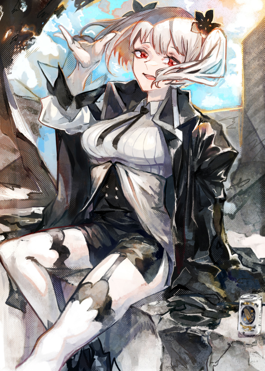 1girl :d arcaea beer_can breasts can coat code-aa dress garter_straps highres looking_at_viewer open_mouth red_eyes silver_hair sitting smile solo thigh-highs twintails white_legwear