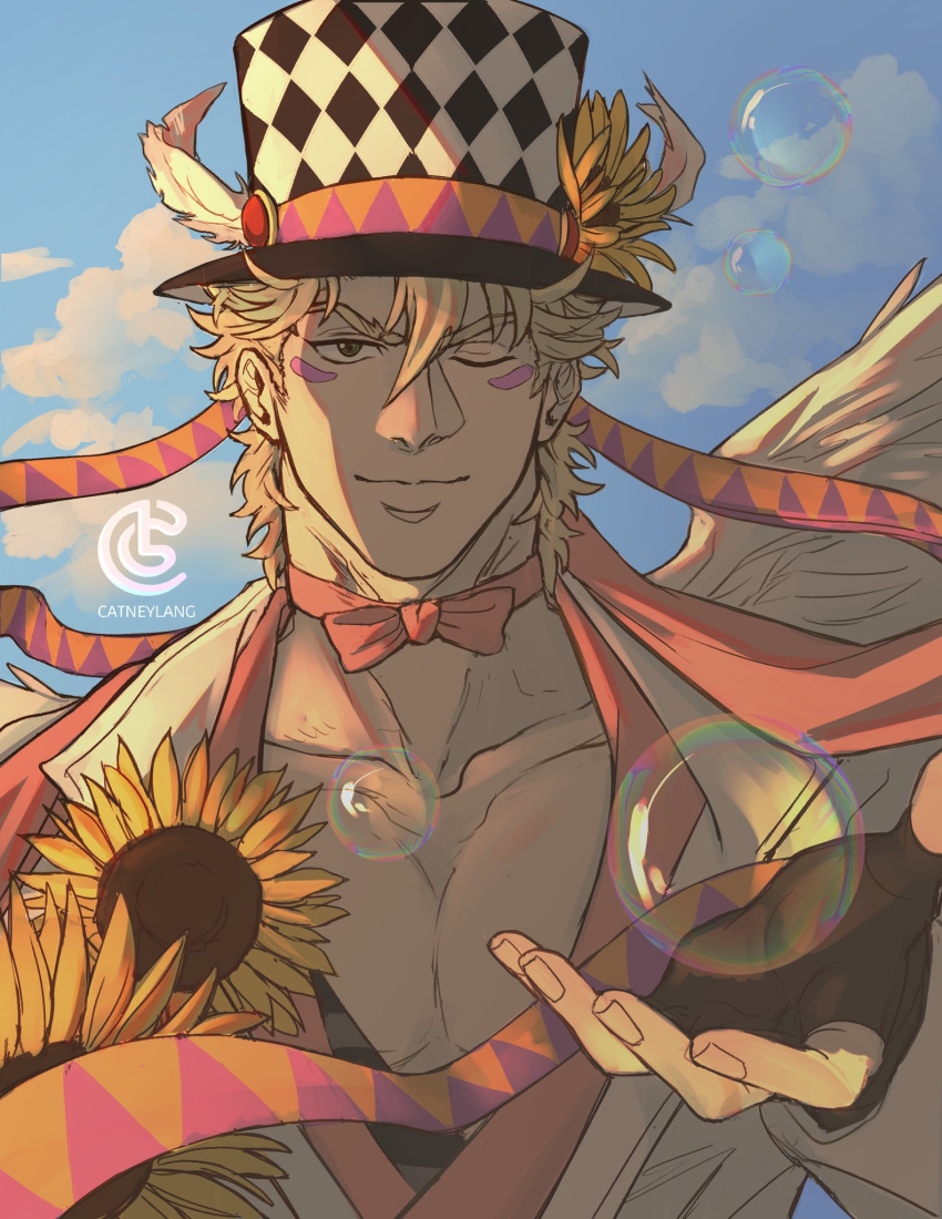 1boy artist_name bangs bara blonde_hair bubble caesar_anthonio_zeppeli catneylang chest clouds cloudy_sky collarbone day eyebrows_visible_through_hair facial_mark feathers fingerless_gloves flower gloves green_eyes hair_between_eyes hair_feathers hat highres jacket jojo_no_kimyou_na_bouken looking_at_viewer male_focus neck_ribbon one_eye_closed outdoors pectorals ribbon sky smile solo sunflower upper_body