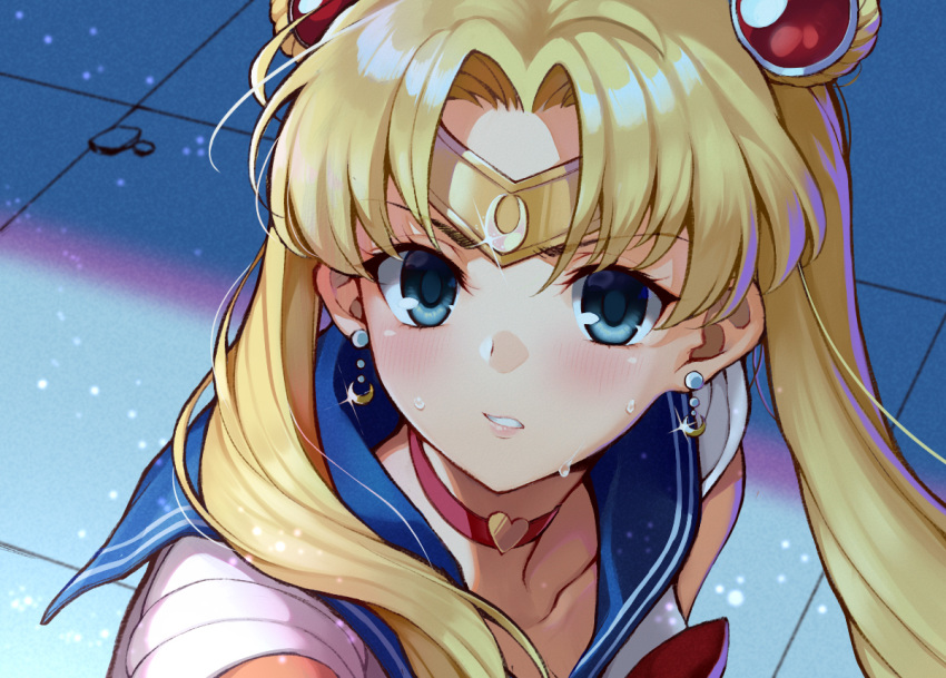 1girl bishoujo_senshi_sailor_moon blonde_hair blossomsa blue_eyes blue_sailor_collar blush choker circlet collarbone commentary_request crescent crescent_earrings derivative_work double_bun earrings heart heart_choker jewelry long_hair red_choker sailor_collar sailor_moon sailor_moon_redraw_challenge sailor_senshi sailor_senshi_uniform screencap_redraw solo sweatdrop tsukino_usagi twintails upper_body