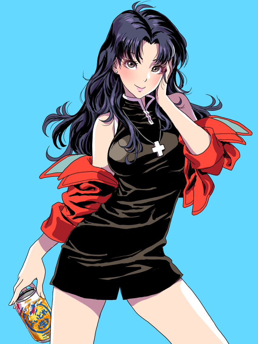 1girl absurdres bangs beer_can black_dress black_hair blue_background breasts brown_eyes can closed_mouth cowboy_shot cross cross_necklace dress earrings eyebrows eyebrows_behind_hair feet_out_of_frame female hand_on_own_cheek highres holding holding_beer holding_can jacket jewelry katsuragi_misato large_breasts legs legs_apart long_hair looking_at_viewer necklace neon_genesis_evangelion off_shoulder short_dress simple_background sleeveless sleeveless_dress smile solo thighs yamashita_shun'ya