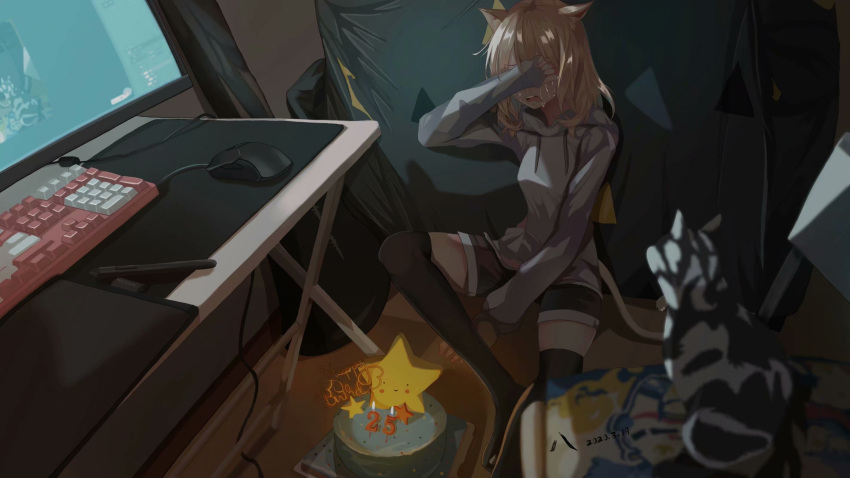 animal_ears auguste birthday_cake blonde_hair cake cat_ears cat_tail crying dated drawing_tablet final_fantasy final_fantasy_xiv food highres keyboard_(computer) miqo'te mouse_(computer) recursion short_shorts shorts star tail thigh-highs zettai_ryouiki