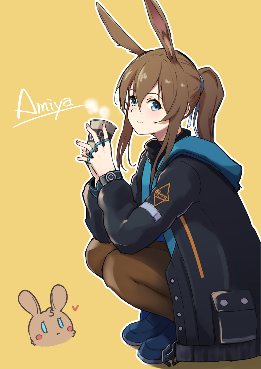 1girl absurdres amiya_(arknights) animal_ears animalization arknights bangs blue_eyes brown_hair bunny_girl character_name coffee_cup cup disposable_cup full_body hair_between_eyes hair_ribbon heart highres holding holding_cup hood hoodie long_hair long_sleeves looking_at_viewer looking_to_the_side multiple_rings multiple_views pantyhose ponytail rabbit rabbit_ears ribbon rin_mokkomoko shoes sidelocks smile squatting steam tied_hair yellow_background