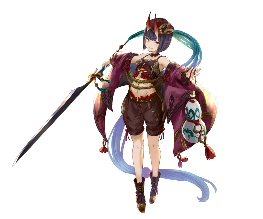 1girl alternate_costume baggy_shorts bangs bare_shoulders beret black_shirt black_shorts bob_cut breasts closed_mouth collarbone crop_top eyeliner fate/grand_order fate_(series) full_body gourd hat highres horns jacket long_sleeves looking_at_viewer makeup midriff navel off_shoulder oni oni_horns open_clothes open_jacket purple_footwear purple_hair purple_jacket shirt short_hair shorts shuten_douji_(fate/grand_order) skin-covered_horns small_breasts smile sword violet_eyes weapon wide_sleeves yatsuka_(846)