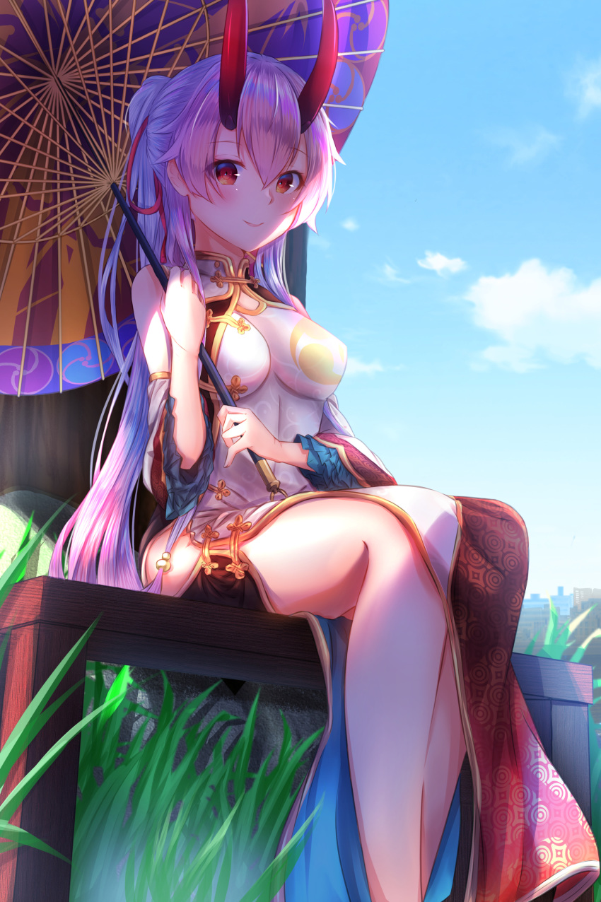 1girl absurdres bangs bare_shoulders bench blue_sky blush breasts china_dress chinese_clothes closed_mouth day detached_sleeves dress fate/grand_order fate_(series) grass hair_between_eyes heroic_spirit_traveling_outfit highres horns large_breasts long_hair looking_at_viewer mitsudomoe_(shape) oni_horns oriental_umbrella pelvic_curtain ponytail purple_(jobseeking) red_eyes revision side_slit silver_hair sitting sky sleeveless sleeveless_dress smile solo tomoe_(symbol) tomoe_gozen_(fate/grand_order) umbrella wide_sleeves