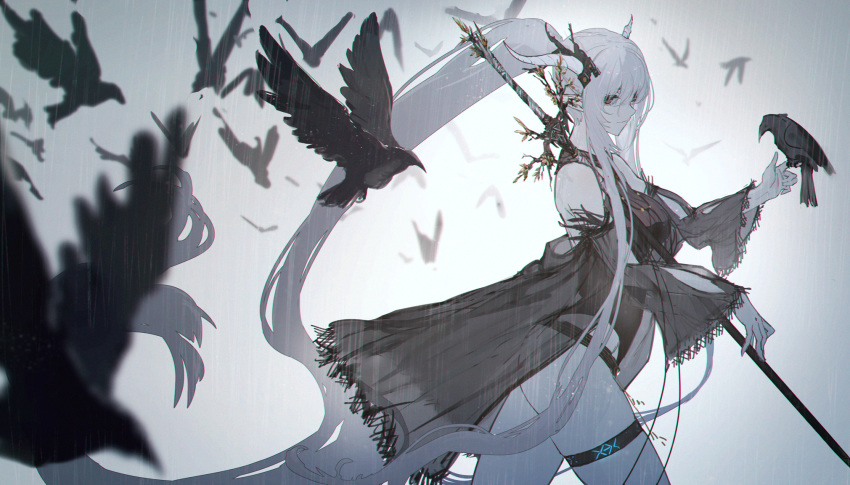 1girl arknights bare_shoulders bird bird_on_finger branch breasts carrying_over_shoulder cowboy_shot crow detached_sleeves flock glowing grey_background hair_between_eyes highres horns lace-trimmed_sleeves large_breasts leotard long_hair looking_at_viewer looking_to_the_side outstretched_hand pointy_ears ponytail red_eyes ryuuzaki_ichi see-through shining_(arknights) sidelocks silver_hair spot_color sword thigh_strap very_long_hair walking weapon