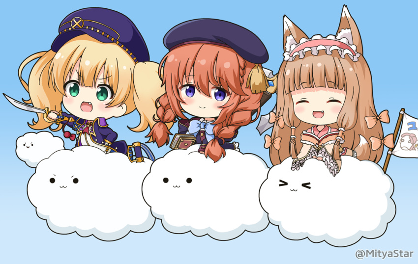 &gt;_&lt; 3girls :3 :d ^_^ animal_ear_fluff animal_ears ascot axe bangs beret black_coat black_headwear blonde_hair blue_background blue_bow blush boots bow braid brown_bow brown_hair brown_kimono cabbie_hat chibi closed_eyes closed_mouth clouds coat commentary_request dog_ears dog_girl dog_tail eyebrows_visible_through_hair fang flag flower glint gradient gradient_background green_eyes hair_between_eyes hair_bow hat holding holding_sword holding_weapon hood hood_down hooded_coat jacket japanese_clothes kimono long_hair long_sleeves looking_at_viewer maho_(princess_connect!) miicha monika_weisswind multiple_girls open_clothes open_jacket open_mouth outstretched_arm pink_flower princess_connect! princess_connect!_re:dive purple_headwear purple_jacket red_neckwear saber_(weapon) shirt sleeves_past_wrists smile solid_circle_eyes sword tail twin_braids twintails twitter_username v-shaped_eyebrows very_long_hair violet_eyes weapon white_shirt wide_sleeves yuni_(princess_connect!)