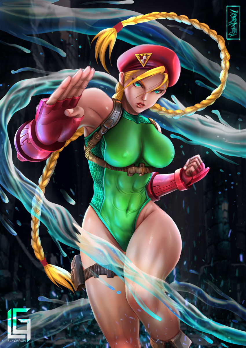 1girl abs absurdres artist_name bare_legs beret blonde_hair blue_eyes braid breasts cammy_white clenched_hand covered_navel covered_nipples fighting_stance gauntlets harness hat highres holster large_breasts leotard lipstick long_braid makeup muscle muscular_female serious thick_thighs thigh_holster thighs toned