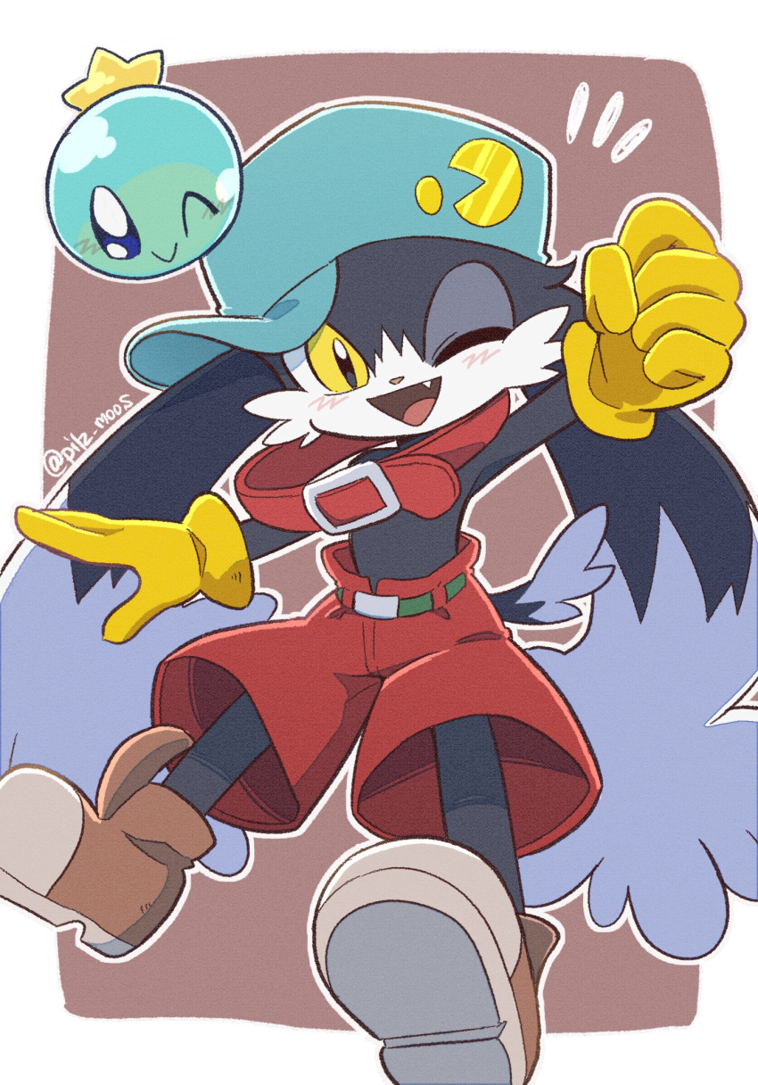 animal_ears belt blue_headwear boots brown_background collar gloves highres huepow kaze_no_klonoa klonoa koke_ojisan one_eye_closed pac-man pac-man_(game) pants red_collar red_pants shorts slit_pupils smile tail yellow_eyes yellow_gloves