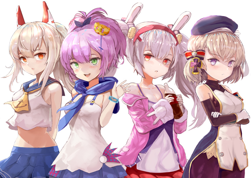 4girls animal_ears ayanami_(azur_lane) azur_lane bangs bare_shoulders beret blonde_hair blue_sailor_collar blush bottle bow breasts camisole commentary_request crop_top cross_hair_ornament crown dress eyebrows_visible_through_hair fake_animal_ears hair_between_eyes hair_bow hair_ornament hairband hat headgear high_ponytail highres holding holding_bottle jacket javelin_(azur_lane) laffey_(azur_lane) long_hair long_sleeves looking_at_viewer mg42cat-k1ng mini_crown multiple_girls open_mouth orange_eyes pink_jacket platinum_blonde_hair pleated_skirt ponytail purple_hair rabbit_ears red_eyes red_hairband red_skirt revision ribbon sailor_collar school_uniform shirt short_hair sidelocks silver_hair simple_background skirt sleeveless sleeveless_shirt smile striped striped_bow tilted_headwear twintails very_long_hair white_background white_camisole white_dress white_shirt yellow_neckwear z23_(azur_lane)