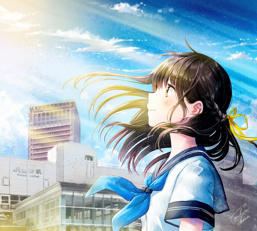 1girl black_hair black_sailor_collar blue_neckwear blue_sky blush braid brown_eyes building closed_mouth commentary_request day floating_hair hair_ribbon highres kazuharu_kina long_hair looking_away neckerchief original outdoors ribbon sailor_collar school_uniform serafuku shirt short_sleeves signature sky smile solo train_station upper_body white_shirt yellow_ribbon