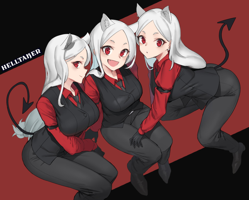 3girls :d :o animal_ears arm_support bangs black_background black_gloves black_pants black_tail black_vest breasts cerberus_(helltaker) copyright_name demon_girl demon_tail dog_ears dog_girl english_commentary fang from_above full_body gloves helltaker highres korean_commentary large_breasts long_hair looking_at_viewer multiple_girls neckwear open_mouth pants parted_bangs red_background red_eyes red_shirt shirt short_eyebrows silver_hair smile tail two-tone_background uleuleuleu vest white_horns