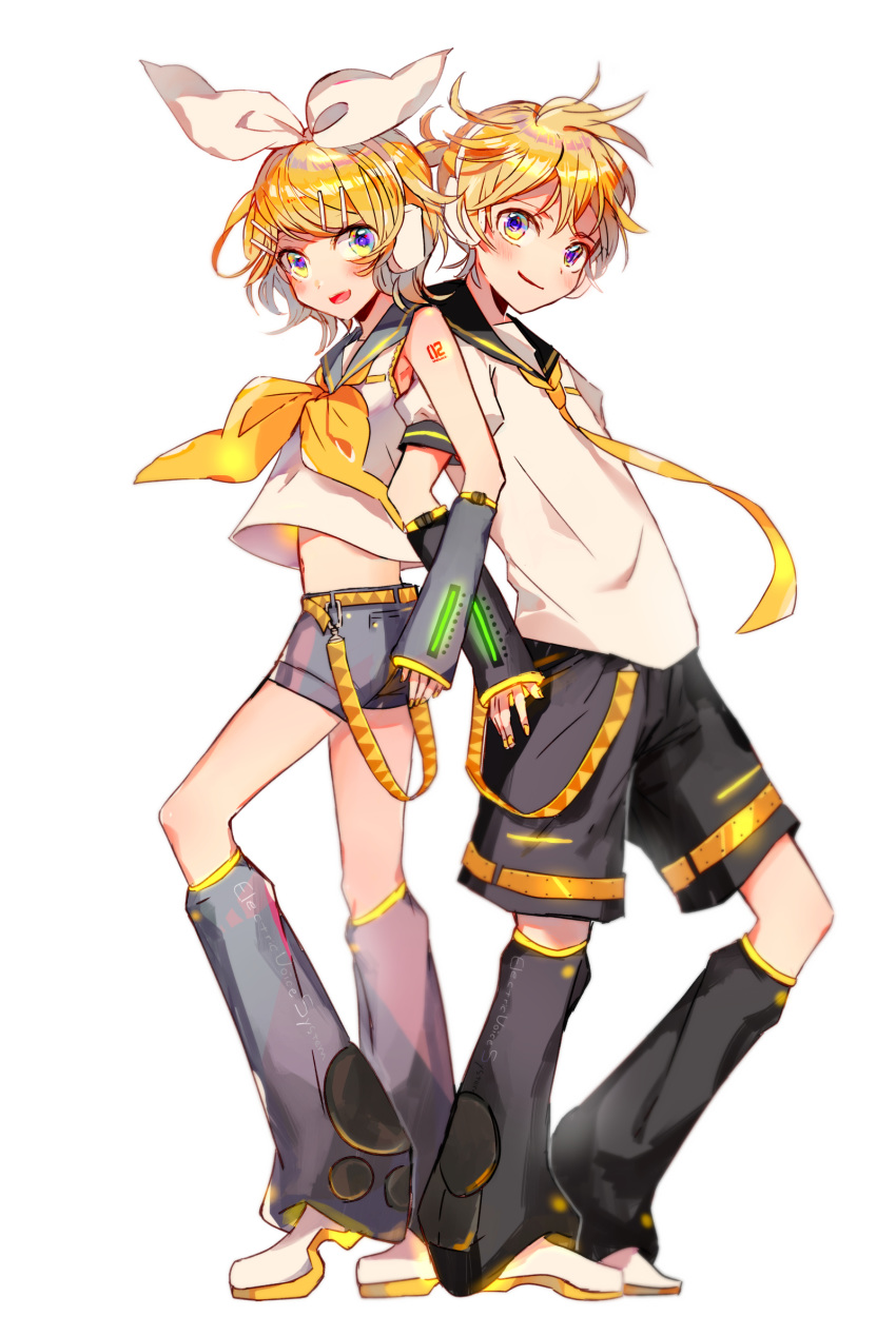 1boy 1girl back-to-back bangs belt black_collar black_shorts black_sleeves blonde_hair blue_eyes bow collar commentary crop_top derivative_work detached_sleeves full_body grey_collar grey_shorts grey_sleeves hair_bow hair_ornament hairclip headphones heel_up highres kagamine_len kagamine_rin leg_warmers locked_arms looking_at_viewer makoji_(yomogi) midriff nail_polish neckerchief necktie open_mouth sailor_collar school_uniform shirt short_hair short_ponytail short_shorts short_sleeves shorts simple_background smile spiky_hair standing swept_bangs vocaloid vocaloid_boxart_pose white_background white_bow white_footwear white_shirt yellow_nails yellow_neckwear