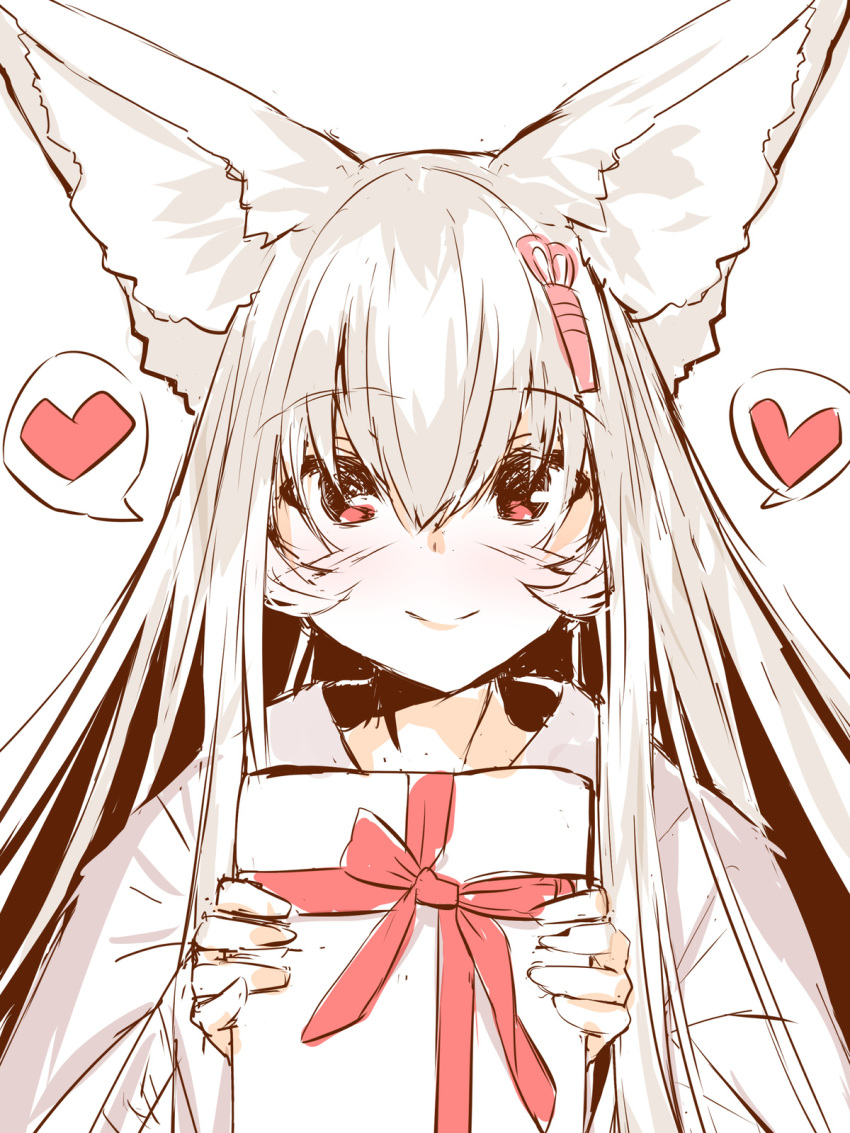 1girl animal_ear_fluff animal_ears bangs box closed_mouth eyebrows_visible_through_hair fox_ears gift gift_box hair_between_eyes heart highres holding holding_gift japanese_clothes kimono long_hair looking_at_viewer original red_eyes simple_background smile solo spoken_heart upper_body white_background white_hair white_kimono yuuji_(yukimimi)