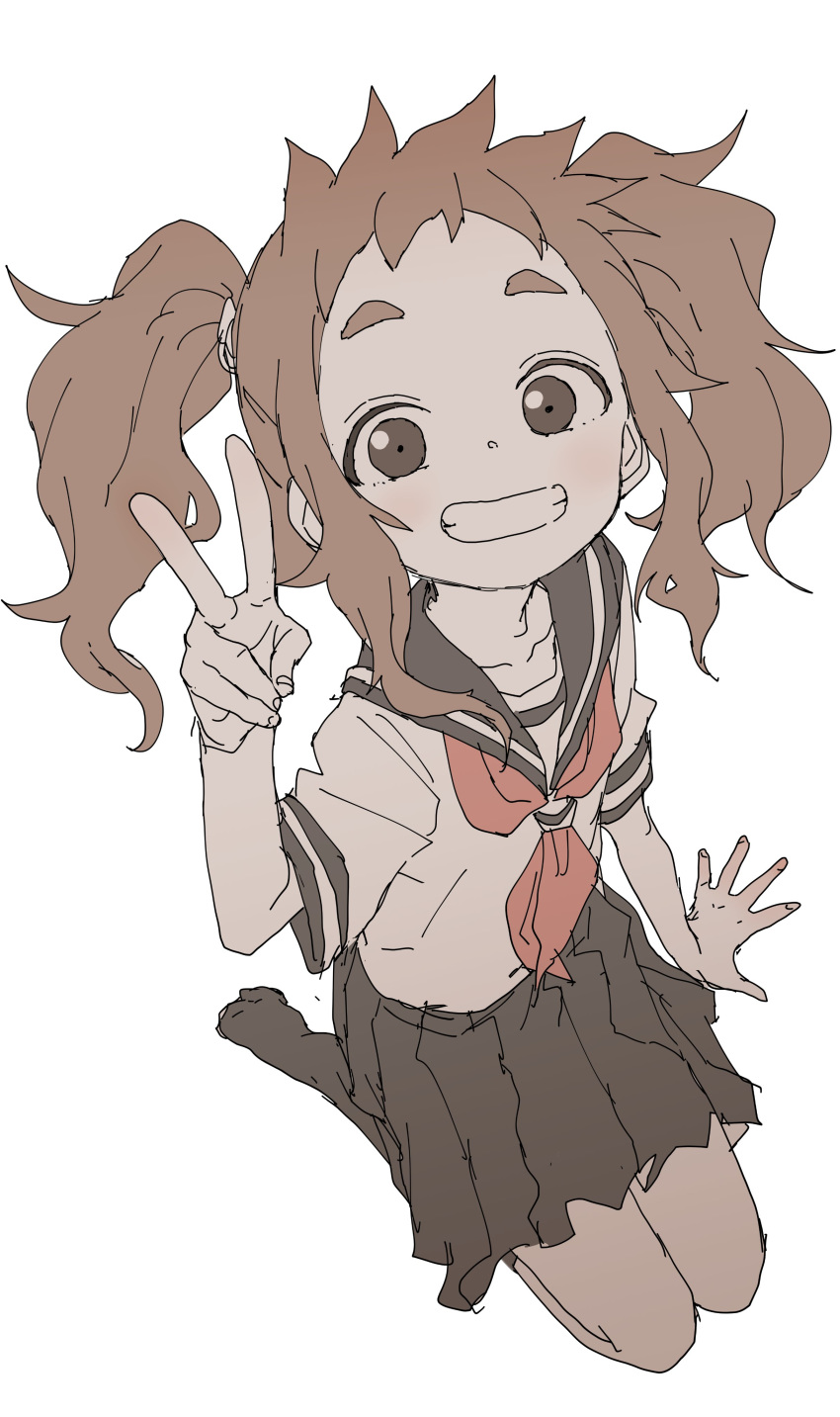 1girl absurdres alternate_hairstyle arm_support black_legwear black_sailor_collar black_skirt brown_eyes brown_hair commentary_request forehead full_body grin hand_up hibino_mina highres karakai_jouzu_no_takagi-san looking_at_viewer neckerchief official_art pleated_skirt red_neckwear sailor_collar school_uniform seiza serafuku shirt short_eyebrows short_sleeves simple_background sitting sketch skirt smile socks solo thick_eyebrows twintails v white_background white_shirt yamamoto_souichirou