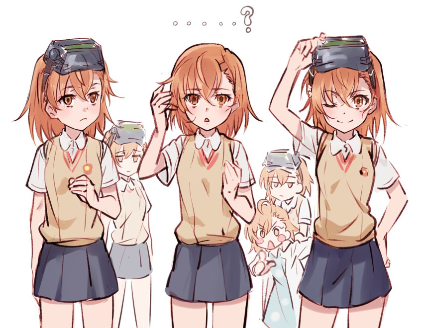 ... ...? 6+girls :&lt; ? adjusting_goggles ahoge bangs blue_dress blush_stickers brown_eyes brown_hair brown_sweater_vest coat commentary cowboy_shot dress dress_shirt excited expressionless flower goggles goggles_on_head goggles_removed grey_skirt hair_between_eyes hair_ornament hairpin hand_on_own_chest hand_on_own_head hand_up heads-up_display jitome labcoat last1031t last_order looking_ahead looking_at_another looking_at_viewer misaka_imouto misaka_mikoto multiple_girls one_eye_closed open_clothes open_coat open_mouth patch pointing polka_dot polka_dot_dress school_uniform shirt short_hair short_sleeves siblings simple_background sisters skirt smile sweater_vest theft to_aru_kagaku_no_railgun to_aru_majutsu_no_index tokiwadai_school_uniform white_background white_coat white_flower white_shirt