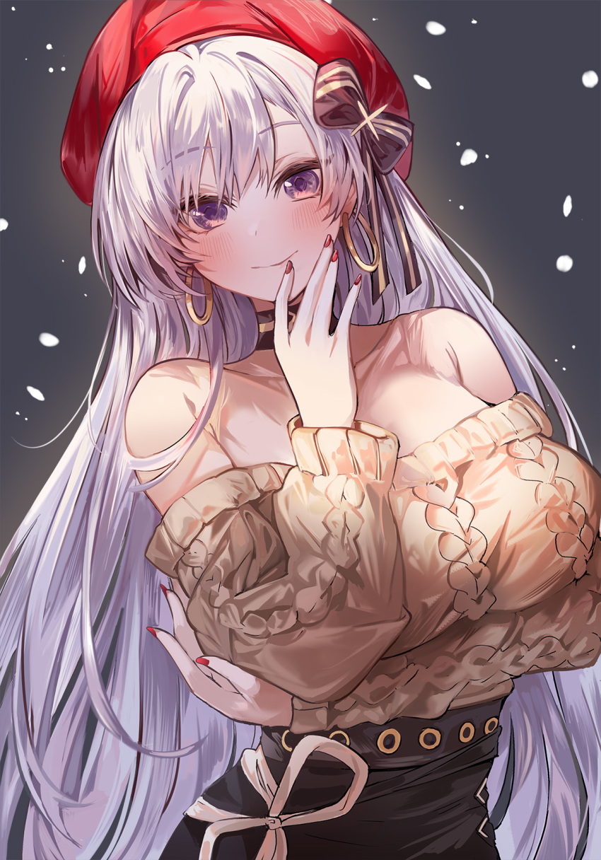 1girl aran_sweater arm_under_breasts azur_lane bangs bare_shoulders belfast_(azur_lane) belfast_(shopping_with_the_head_maid)_(azur_lane) beret black_skirt blush bow breasts brown_sweater choker closed_mouth commentary_request earrings hair_bow hand_to_lip hat highres hoop_earrings jewelry large_breasts long_hair looking_at_viewer off-shoulder_sweater off_shoulder red_headwear red_nails silver_hair skirt smile suru_(ksoo420) sweater violet_eyes