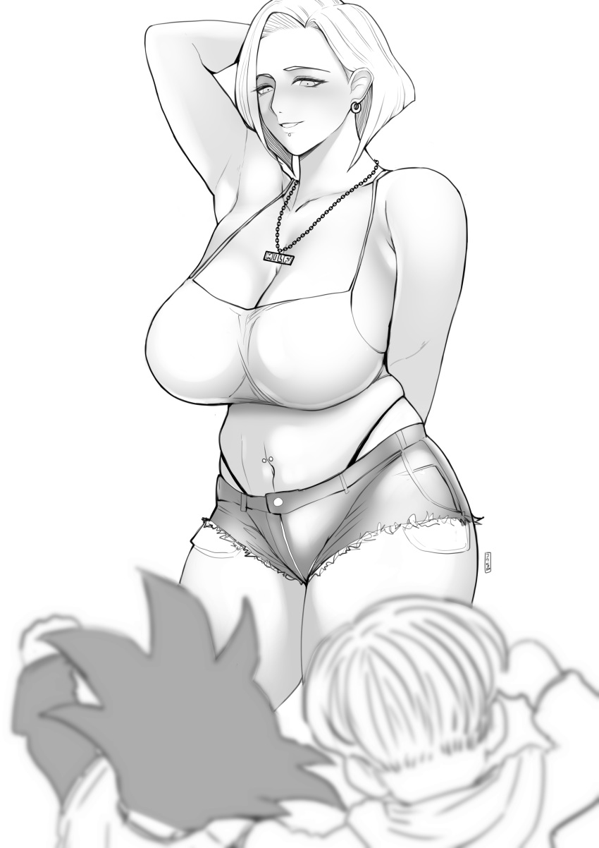 1girl 2boys absurdres android_18 arm_behind_back armpits bangs bare_shoulders bikini bikini_bottom blurry_foreground character_request crop_top curvy cutoffs denim denim_shorts dragon_ball dragon_ball_z earrings greyscale grin hair_behind_ear highres jewelry looking_at_another mature monochrome multiple_boys navel navel_piercing necklace parted_bangs piercing short_hair short_shorts shorts shota smile standing swimsuit thejnsdh thick_thighs thighs