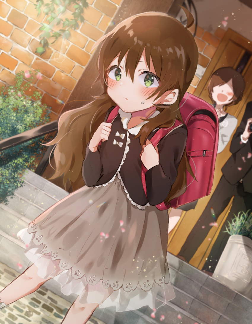 1boy 2girls awakened_miki backpack bag black_jacket blush brown_hair brown_skirt curly_hair day family father_and_daughter frown green_eyes hair_between_eyes highres hoshii_miki idolmaster idolmaster_(classic) imas_ll jacket leaning_forward long_hair long_sleeves looking_at_viewer mother_and_daughter multiple_girls outdoors school_bag school_uniform see-through short_hair skirt solo_focus very_long_hair younger