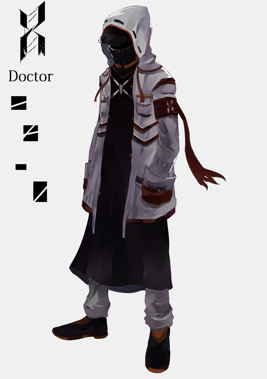 1other absurdres alternate_color arknights character_name covered_face doctor_(arknights) english_commentary grey_background hands_in_pockets helmet highres hood hooded_jacket jacket naufaldreamer open_clothes open_jacket reunion_logo_(arknights) solo what_if white_jacket