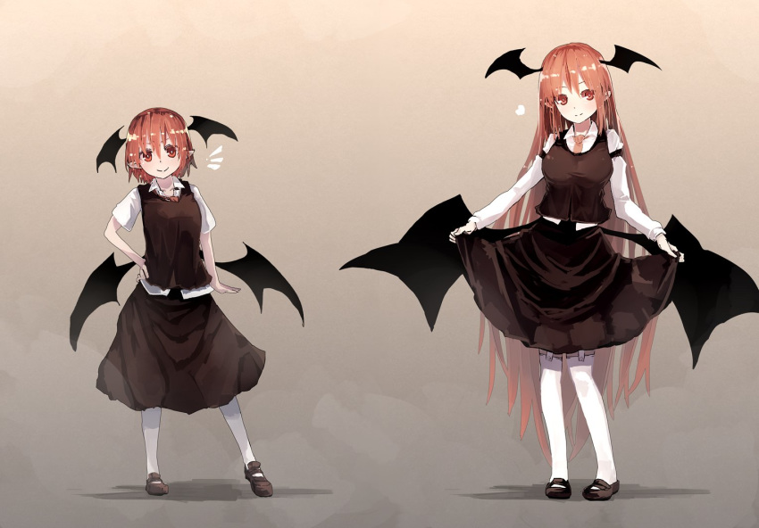 &gt;:) 2girls alternate_hair_length alternate_hairstyle armband bat_wings blush breasts bright_pupils collarbone collared_shirt commentary contrapposto dress_shirt dual_persona full_body futatsuki_eru gradient gradient_background hair_between_eyes hand_on_hip head_tilt head_wings heart height_difference koakuma large_breasts lifted_by_self loafers long_hair long_sleeves low_wings multiple_girls necktie pigeon-toed pointy_ears red_eyes red_neckwear redhead shirt shoes short_hair short_sleeves simple_background skirt skirt_lift skirt_set slit_pupils thigh-highs touhou very_long_hair white_legwear white_pupils wings zettai_ryouiki