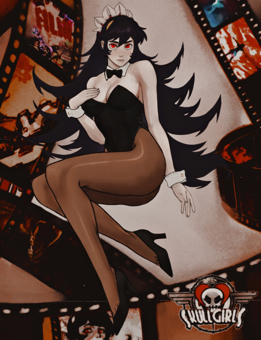 1girl artist_request black_hair black_leotard breasts brown_legwear bunnysuit commentary_request filia_(skullgirls) full_body hair_ornament highres leotard long_hair looking_at_viewer multicolored multicolored_background parasite red_eyes samson_(skullgirls) seamed_legwear skullgirls solo source_request