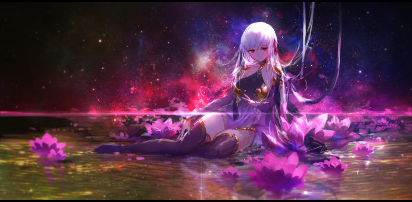 1girl armor bangs bare_shoulders bikini_armor bracelet breasts closed_mouth collar detached_sleeves dress fate/grand_order fate_(series) floral_print flower hair_ribbon highres jewelry kama_(fate/grand_order) large_breasts legs long_hair looking_at_viewer lotus metal_collar pelvic_curtain pond purple_dress purple_legwear purple_sleeves red_eyes ribbon silver_hair space star_(sky) swd3e2 thigh-highs thighlet thighs water