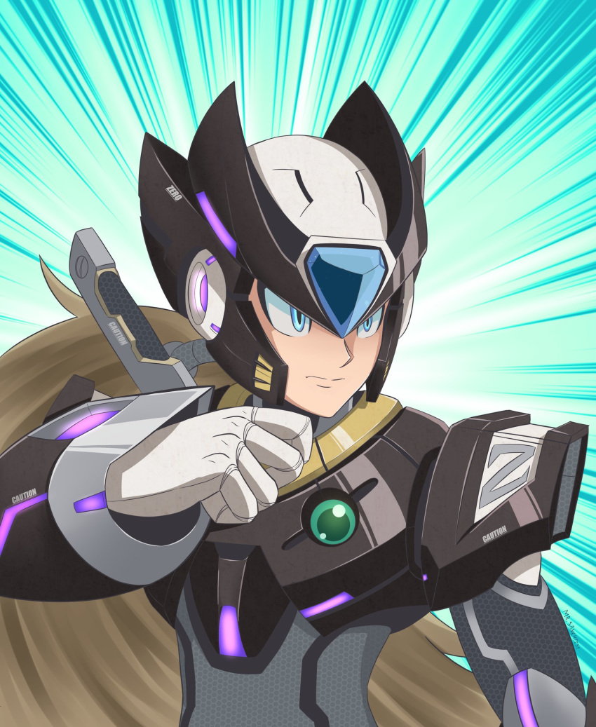 1boy android armor blonde_hair blue_background blue_eyes capcom closed_mouth commentary energy_sword gloves grey_hair helmet highres long_hair male_focus mrsancheese_art orb ponytail redesign robot robot_ears rockman rockman_x silver_hair solo sword very_long_hair weapon zero_(rockman)