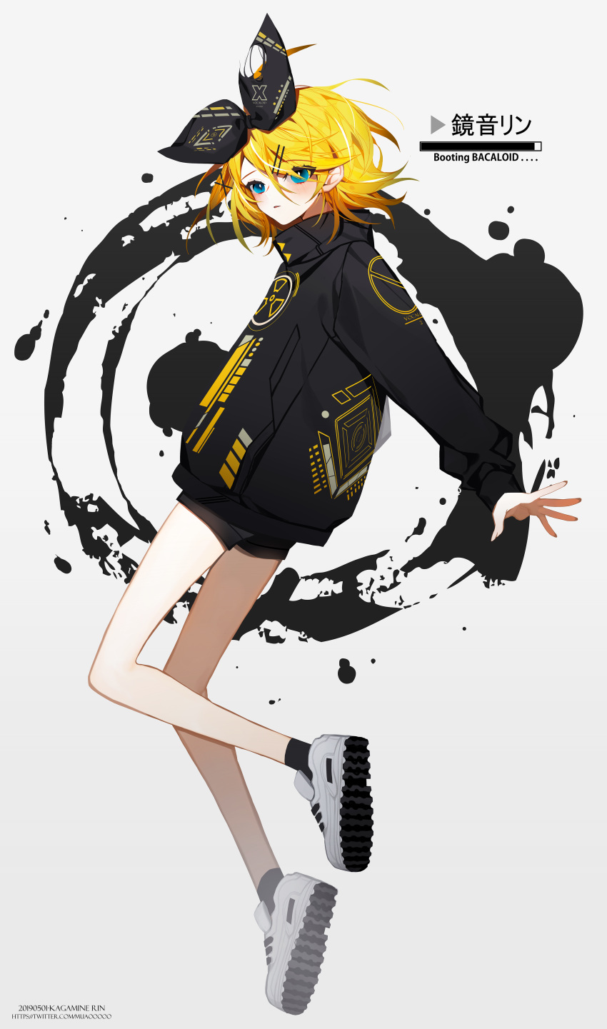 1girl absurdres bangs black_bow black_hair black_jacket black_legwear black_shorts blonde_hair blue_eyes bow clothes_writing full_body gradient_hair grey_background hair_bow hair_ornament hair_over_one_eye hairclip highlights highres jacket jumping kagamine_rin long_sleeves looking_at_viewer looking_to_the_side messy_hair muaooooo multicolored_hair shoe_soles shoes short_hair shorts simple_background sneakers socks solo splatter streaked_hair torn_bow turtleneck typo vocaloid watermark web_address white_footwear white_hair x_hair_ornament