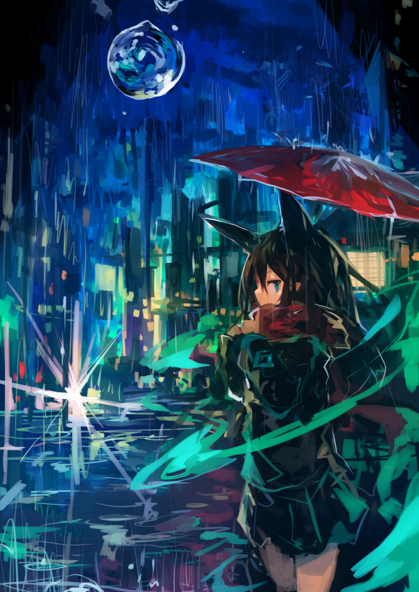 1girl absurdres animal_ears aqua_eyes bangs black_hair black_skirt cityscape commentary diffraction_spikes extra_ears from_side hair_between_eyes highres kaamin_(mariarose753) long_hair looking_at_viewer night original outdoors rain red_scarf scarf skirt sky solo standing umbrella water_drop