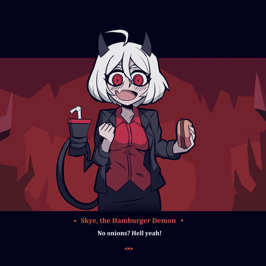 :d absurdres black_horns black_jacket blush character_name demon demon_girl demon_horns demon_tail food hamburger happy helltaker highres horns jacket oakblu open_mouth original prehensile_tail red_eyes red_shirt sandwich shirt short_hair smile soda tail white_hair