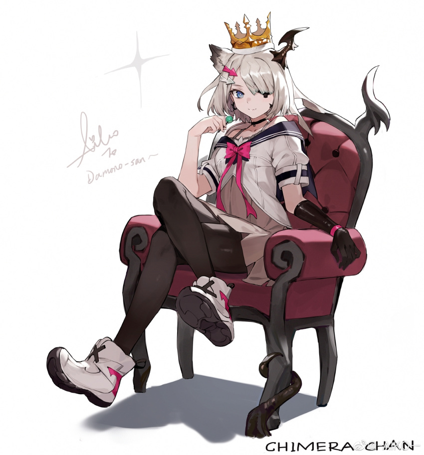 1girl aiko_(kanl) animal_ears bare_shoulders black_choker black_gloves black_legwear blue_eyes borrowed_character brown_dress candy chair chimera-chan_(toridamono) choker commentary_request crossed_legs crown dress eyepatch food gloves hair_ornament hair_over_one_eye hairclip hand_up highres holding horn lollipop looking_at_viewer off-shoulder_shirt off_shoulder original pantyhose shirt shoes short_hair short_sleeves signature silver_hair single_glove sitting smile solo white_background white_footwear white_shirt
