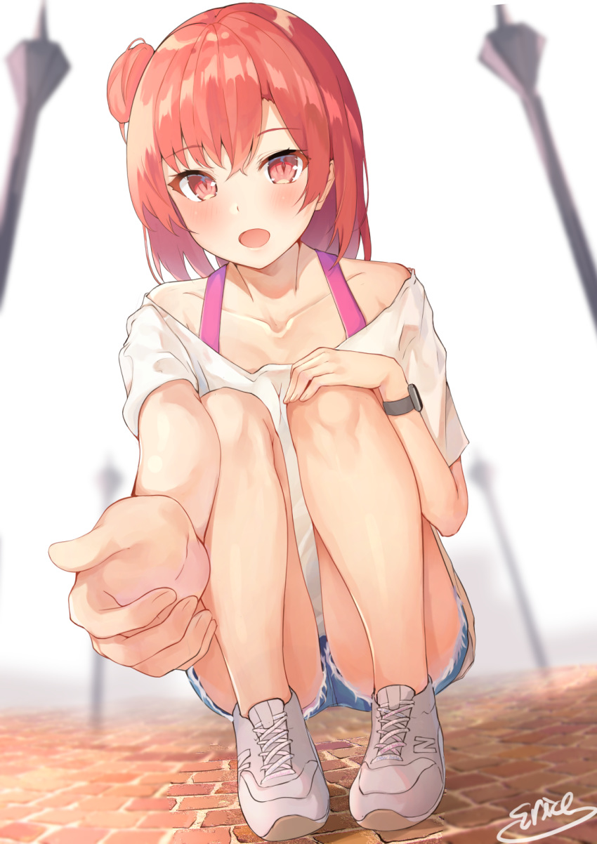 1girl bare_legs breasts collarbone denim denim_shorts graphite_(medium) hair_ornament hand_on_own_knee highres holding_hands legs looking_at_viewer medium_breasts open_mouth orange_hair red_eyes shiina_aoi shirt shoes short_shorts shorts simple_background sitting sneakers solo traditional_media watch white_shirt yahari_ore_no_seishun_lovecome_wa_machigatteiru. yuigahama_yui