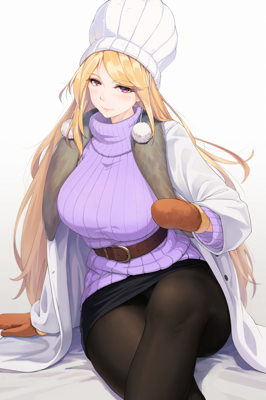 1girl arm_at_side arm_support bangs bed_sheet belt black_legwear black_skirt blonde_hair blush breasts brown_mittens closed_mouth clothes_grab coat eris_(shadowverse) feet_out_of_frame fur-trimmed_coat fur_trim hat highres large_breasts long_hair long_sleeves looking_at_viewer mitre mittens obaoba_(monkeyix) on_bed pantyhose pencil_skirt pom_pom_(clothes) purple_sweater red_eyes ribbed_sweater shadowverse simple_background sitting skirt smile solo sweater swept_bangs turtleneck turtleneck_sweater white_background white_coat white_headwear