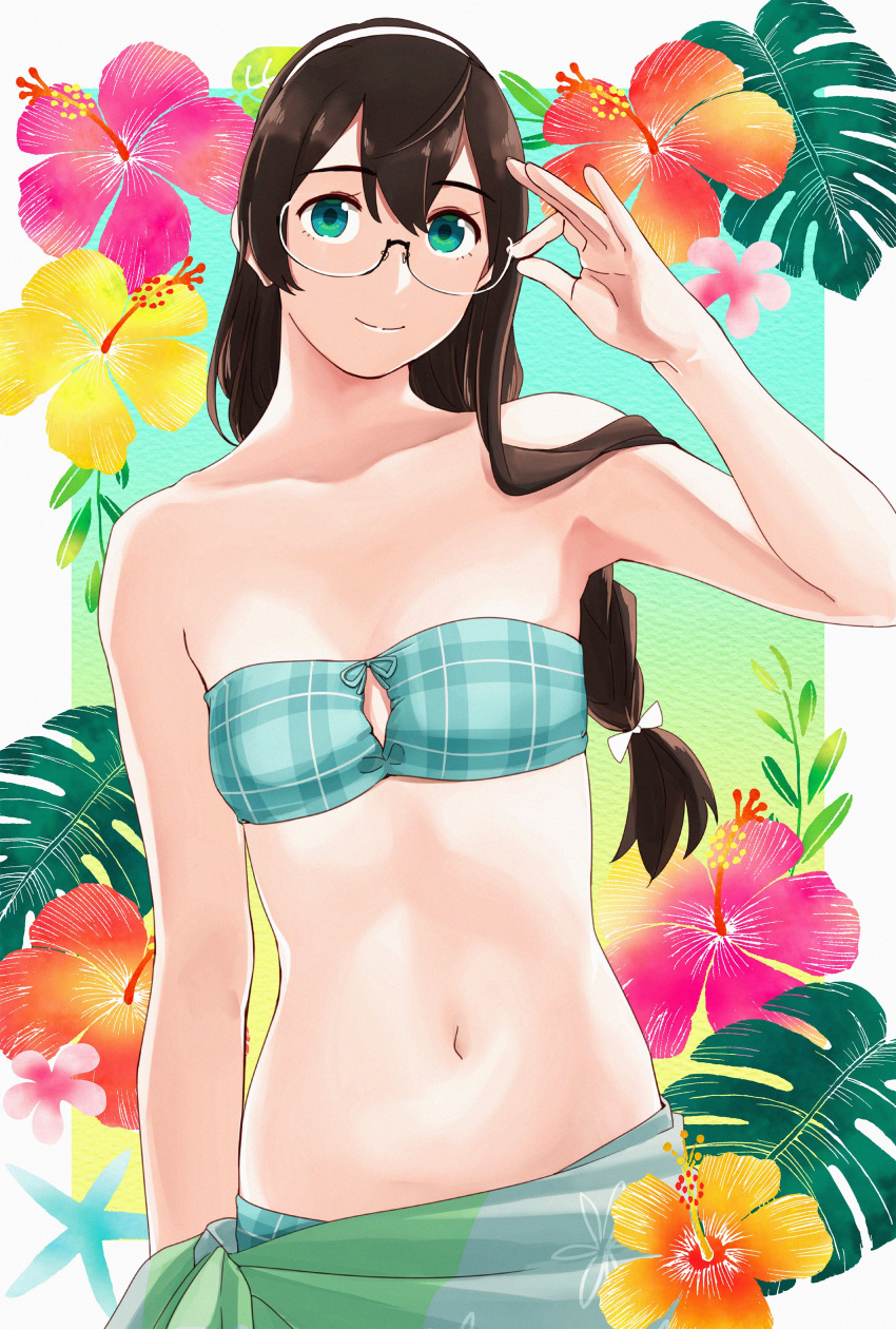 1girl absurdres adjusting_eyewear aqua_bikini bare_shoulders bikini black_hair breasts collarbone commentary cowboy_shot flower glasses green_eyes green_sarong hairband hibiscus highres kantai_collection long_hair looking_at_viewer navel ojipon ooyodo_(kantai_collection) plaid plaid_bikini sarong small_breasts solo swimsuit symbol_commentary