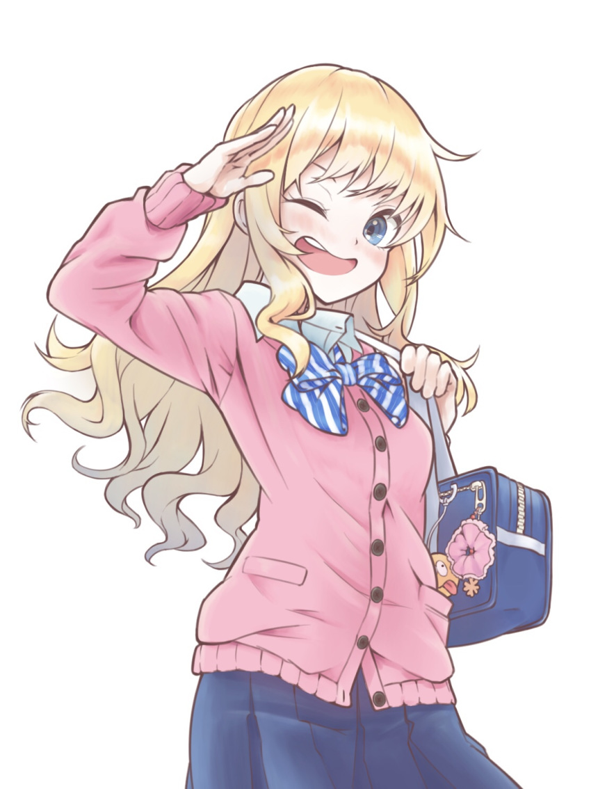 1girl ;d bag bangs blonde_hair blue_bag blue_eyes blue_skirt blush breasts cardigan gift_bag hand_up highres holding holding_bag idolmaster idolmaster_cinderella_girls idolmaster_cinderella_girls_starlight_stage jewelry long_hair looking_at_viewer one_eye_closed ootsuki_yui open_mouth pink_cardigan ponytail salute school_uniform shirt simple_background skirt small_breasts smile solo tamasa_yamoto teeth uniform wavy_hair white_background white_shirt